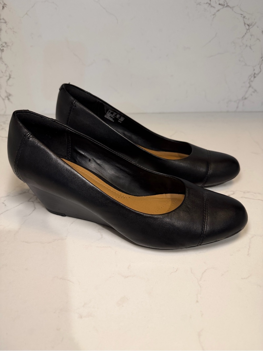 Clarks Black Leather Low Wedge Pumps